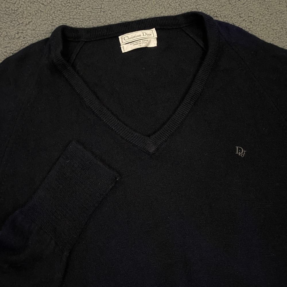 Vintage Christian Dior Sweater Mens Large Dark Navy Knit Logo V-Neck Pullover